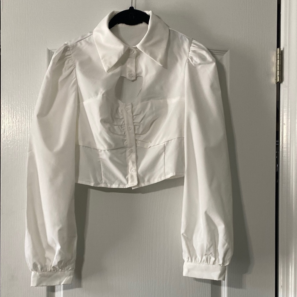 SHEIN MOD White Cropped Button-Up Blouse Women’s Size L